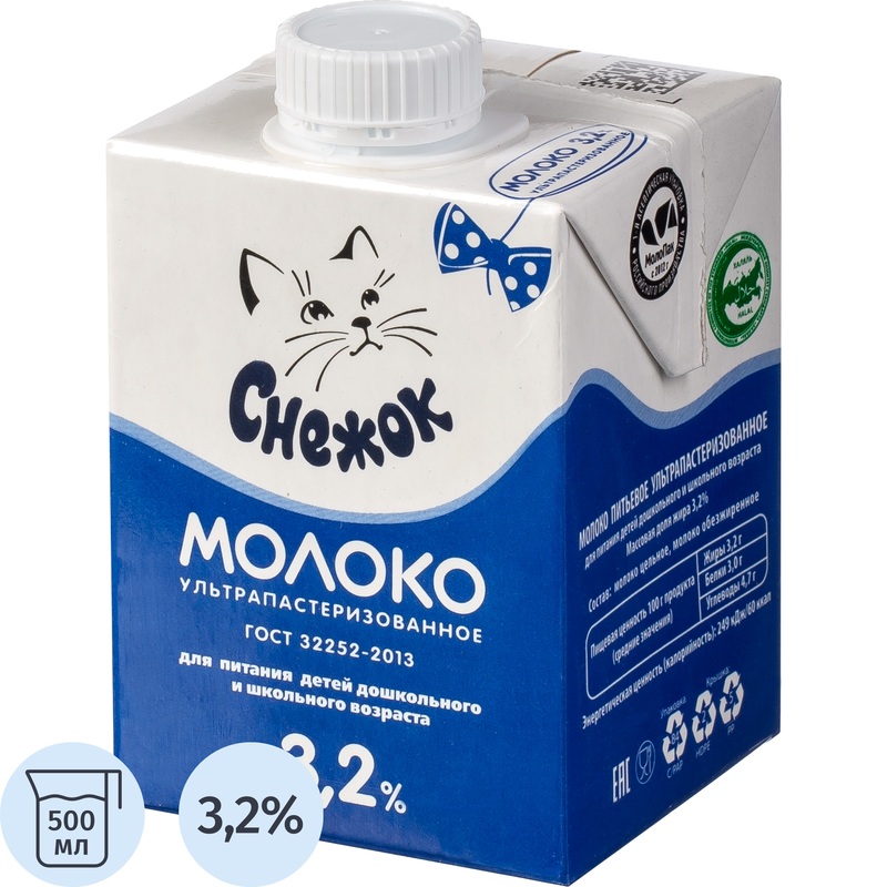 Изображение товара Молоко Снежок ультрапастеризованное 3. 2% 500 мл - натуральное и безопасное