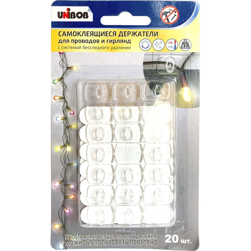 Изображение товара Держатель для проводов и гирлянд Unibob самоклеящийся прозрачный 20 штук