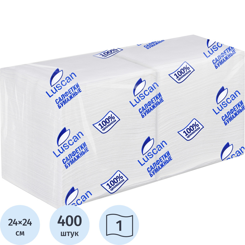 Изображение товара Салфетки бумажные Luscan Profi Pack 1-слойные 24х24 белые (400 листов в пачке)