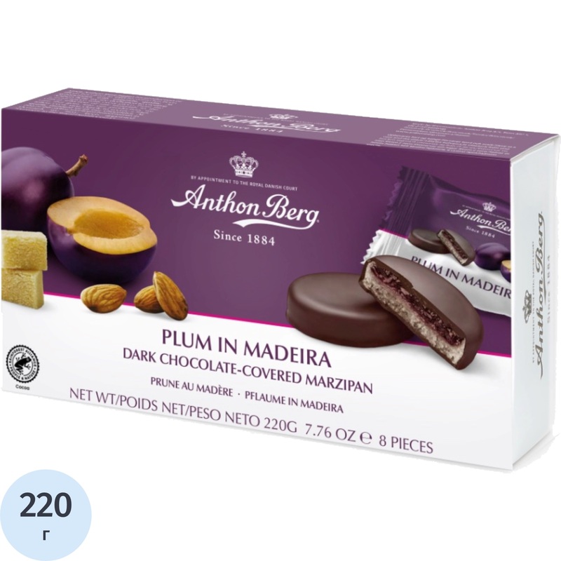 Изображение товара Anthon Berg конфеты слива в мадейре 220 г марципан тёмный шоколад