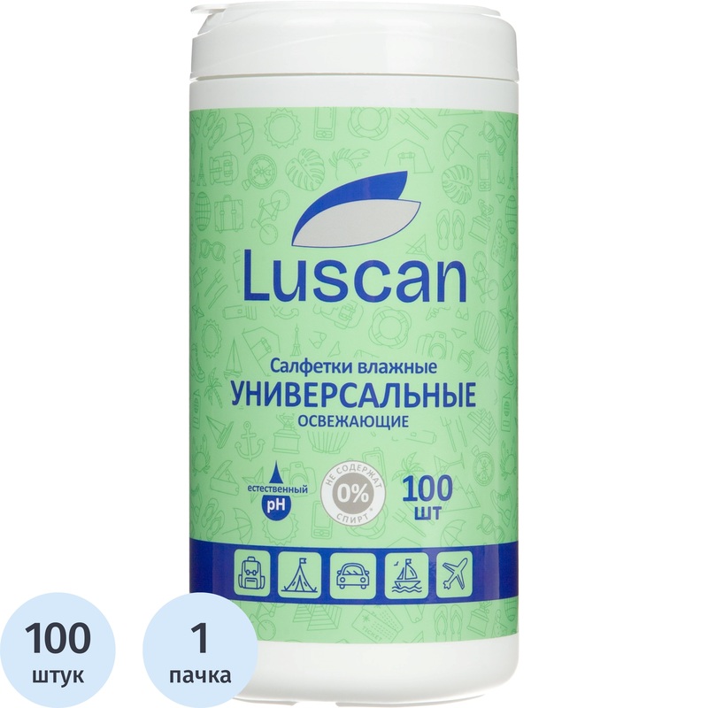 Изображение товара Салфетки влажные Luscan универсальные туба пластиковая (100 листов в пачке)
