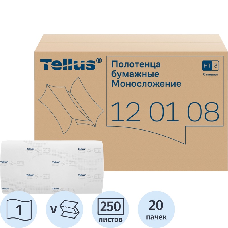 Изображение товара Полотенца Tellus Стандарт V-сложение (ZZ) 1 слой, белые, 250 листов Изображение товара Полотенца Tellus Стандарт V-сложение (ZZ) 1 слой, белые, 250 листов