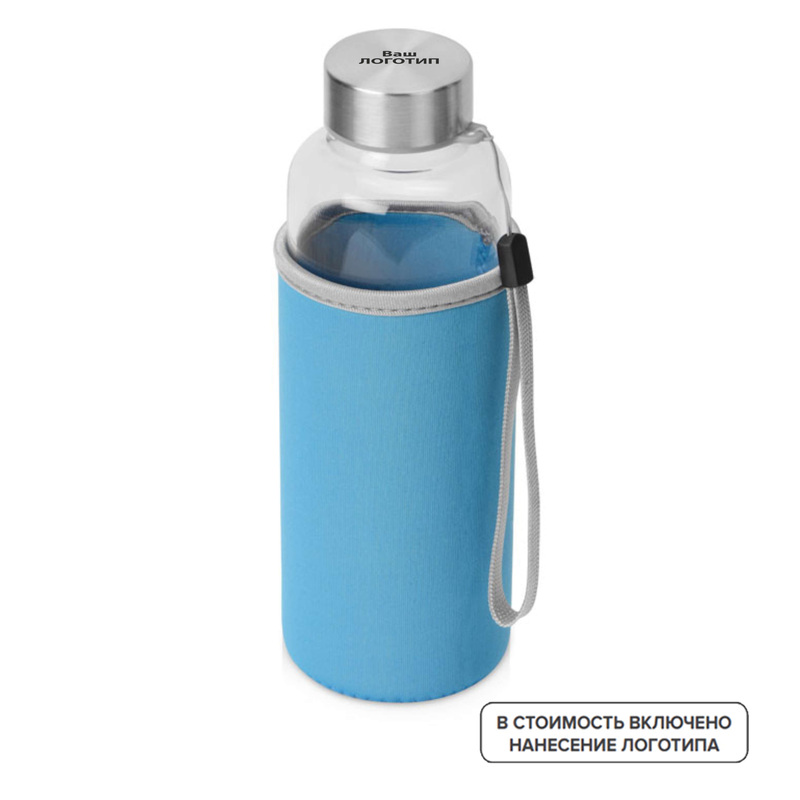 Изображение товара Бутылка Pure стеклянная в голубом чехле 420 мл с индивидуальной гравировкой (25 штук в упаковке)