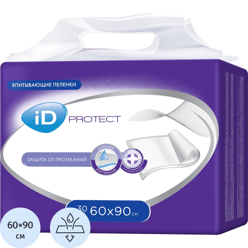 Изображение товара Пеленка впитывающая одноразовая iD Protect 60x90 см, 30 штук