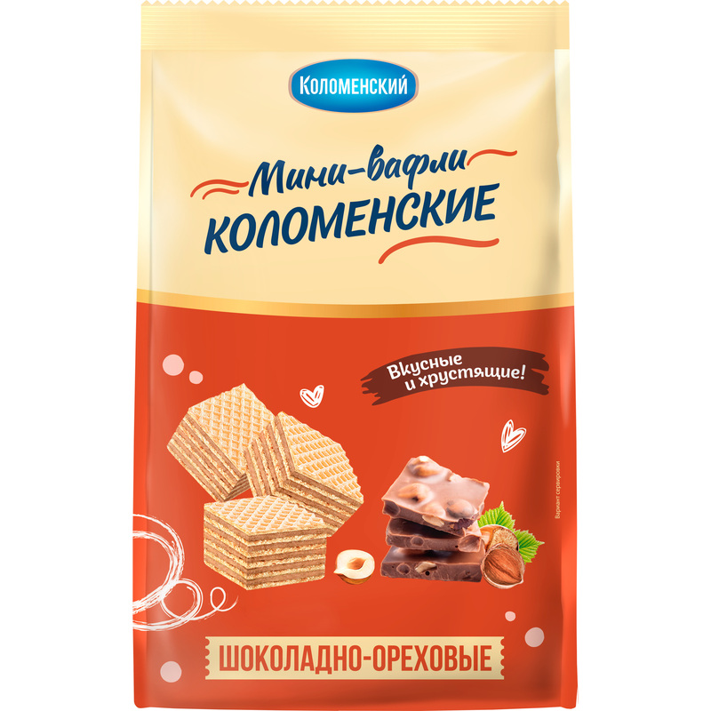 Изображение товара Вафли Коломенские мини шоколадно-ореховые 200 г натуральные хрустящие