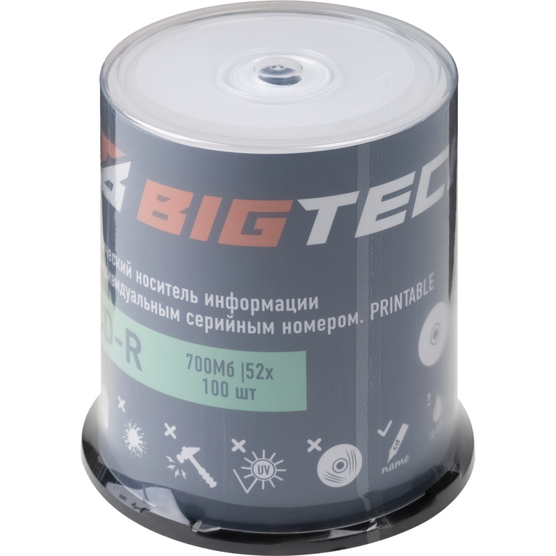 Изображение товара Диск CD-R BigTech 700 МБ 52x cake box YCDRP001 (100 штук в упаковке)