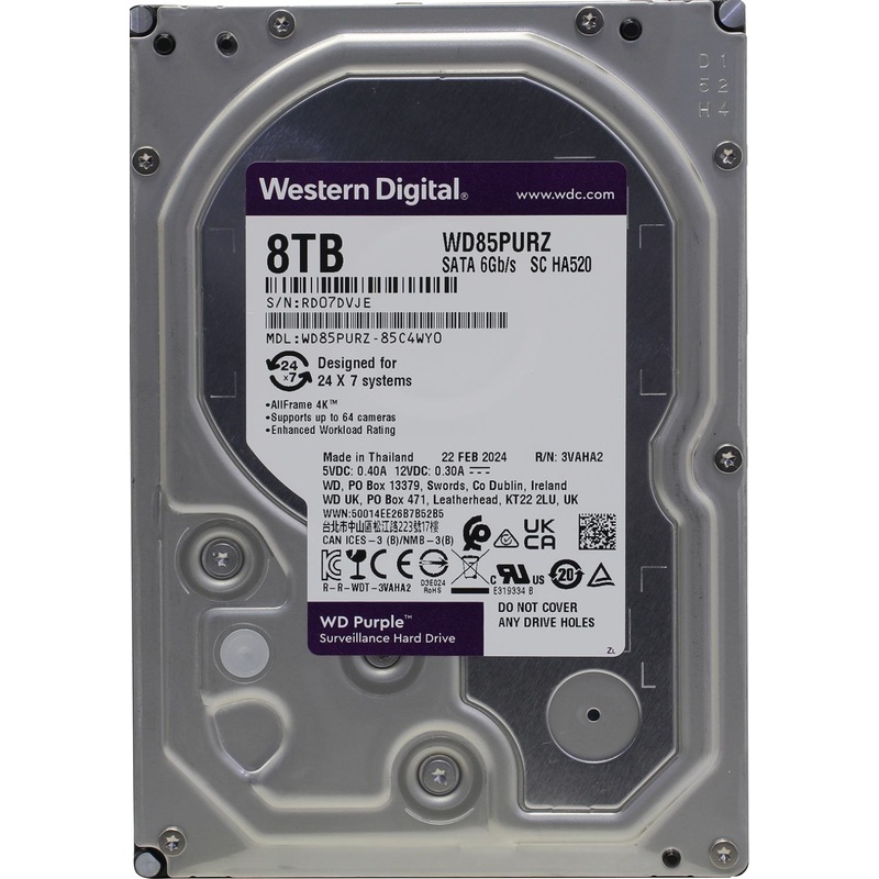 Изображение товара Жесткий диск Western Digital Purple 8 ТБ WD85PURZ для видеонаблюдения надежный