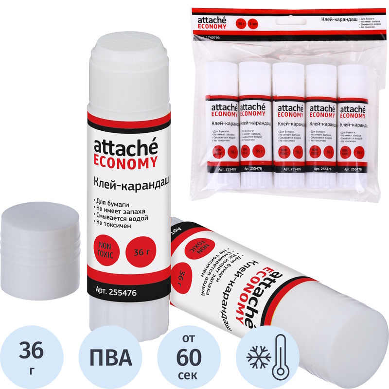 Изображение товара Клей-карандаш Attache Economy 36 г 5 шт в упаковке для бумаги и картона