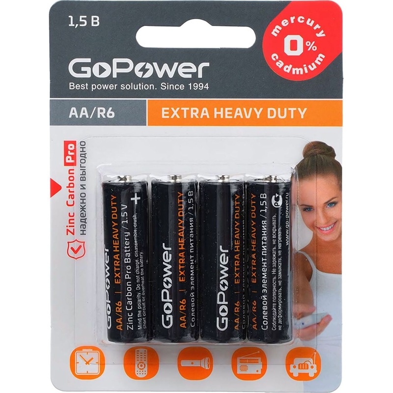 Изображение товара Батарейка AA GoPower Extra Heavy Duty 4 штуки в упаковке