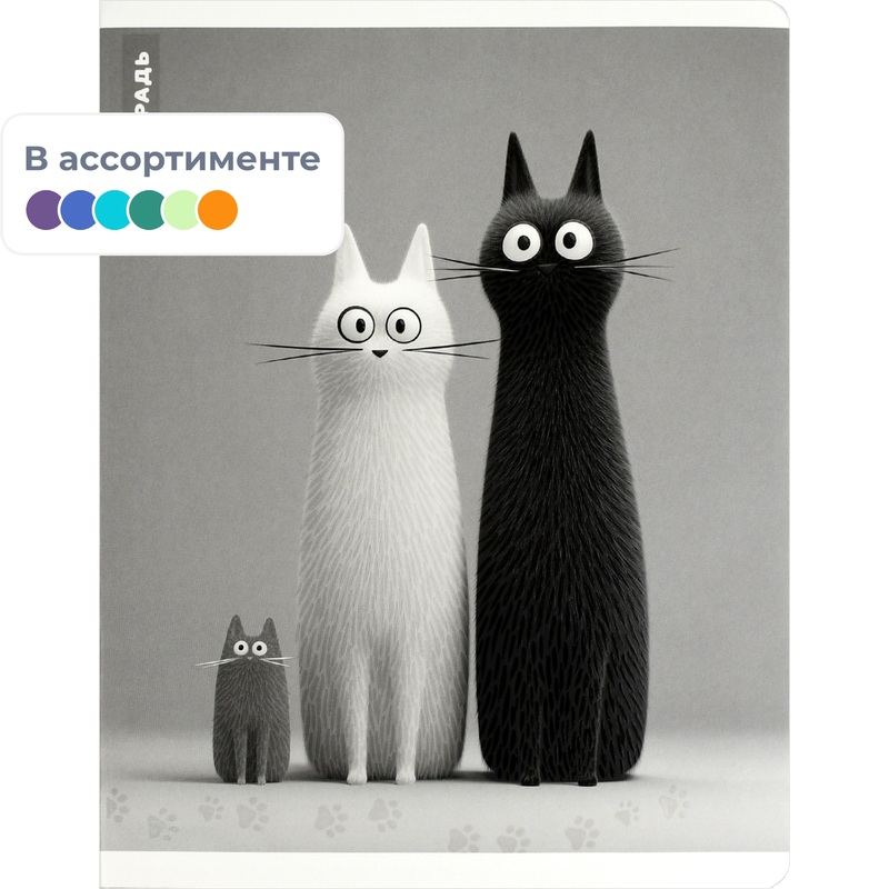 Изображение товара Тетрадь общая Феникс+ Черно-белые коты 48 листов в клетку на скрепках (УФ-выборочный глянцевый лак)