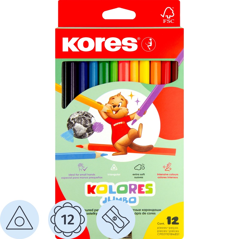 Изображение товара Цветные карандаши Kores Jumbo 12 штук трёхгранные учебные и художественные