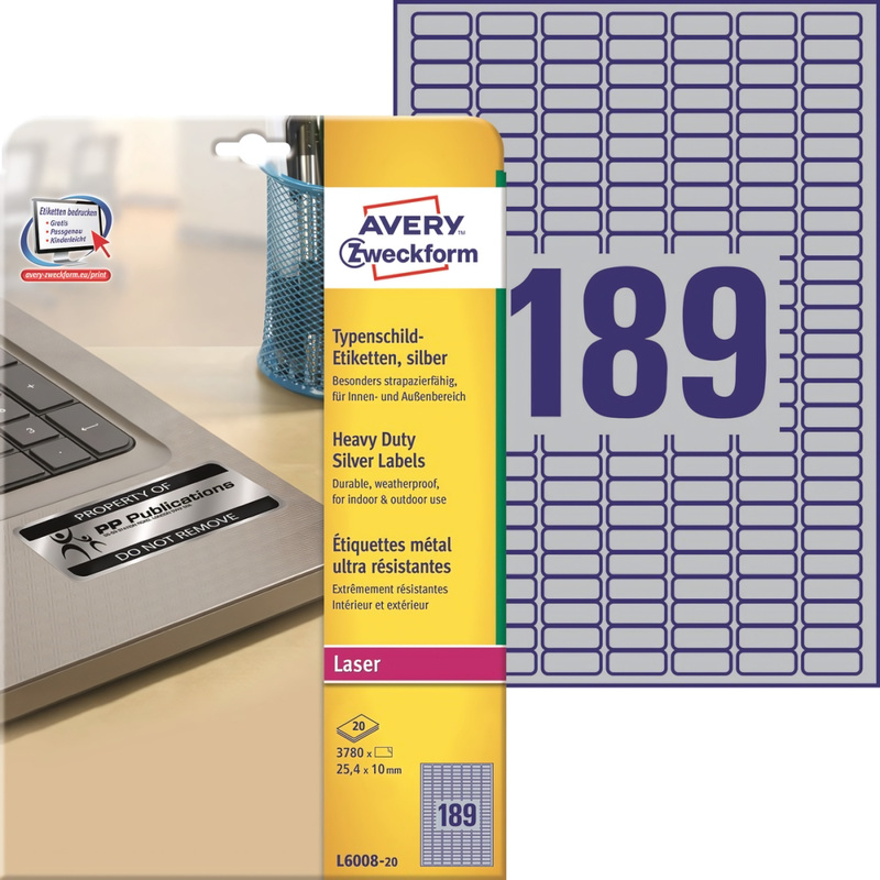Изображение товара Этикетки самоклеящиеся Avery Zweckform (L6008-20) А4 25.4x10 мм серебристые 189 штук на листе серебристые (20 листов в упаковке)