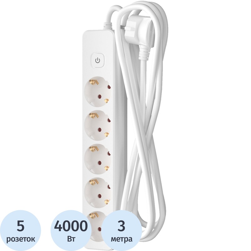 Изображение товара Удлинитель Фотон 16-35ЕS 5 розеток 3 м с заземлением и выключателем белый