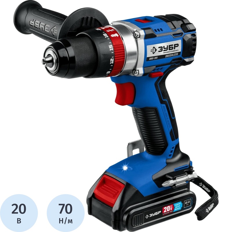 Изображение товара Аккумуляторная дрель-шуруповёрт Зубр DBS-201-22 с ударом и 2 аккумуляторами