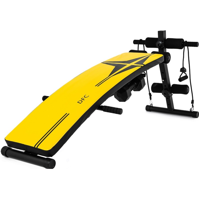 Изображение товара Скамья для пресса DFC D102RY с гантелями и эспандерами для домашних тренировок