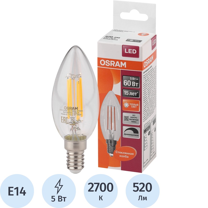 Изображение товара Светодиодная лампа Osram 5 Вт E14 C 2700 К 520 Лм диммируемая