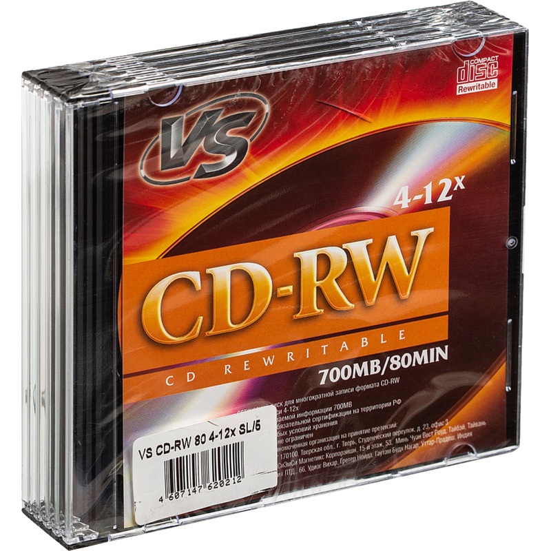 Изображение товара Диск CD-RW VS 0.7 ГБ 4x -12x slim box 5 штук