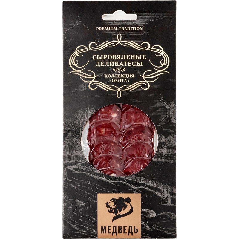 Изображение товара Сыровяленая колбаса Охота из медведя нарезка 75 г натуральный деликатес Россия