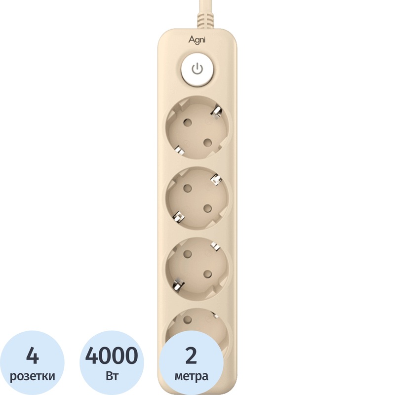 Изображение товара Сетевой фильтр AGNI TP-FD4E-2m-ivory на 4 розетки 2 метра