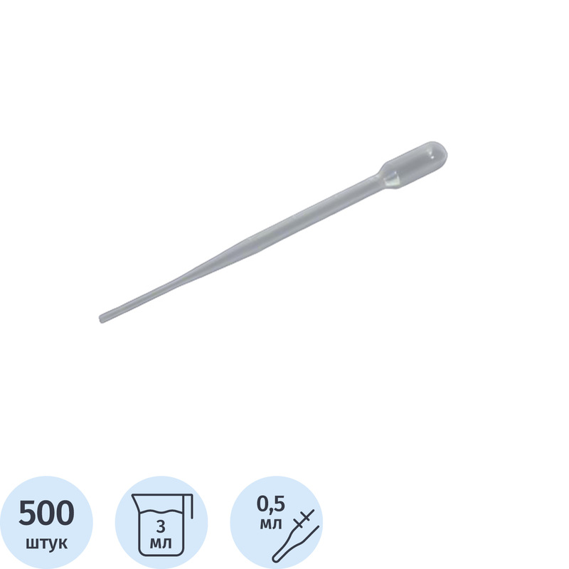 Изображение товара Нестерильные пипетки Пастера 3 мл, 500 штук в упаковке для лабораторных работ