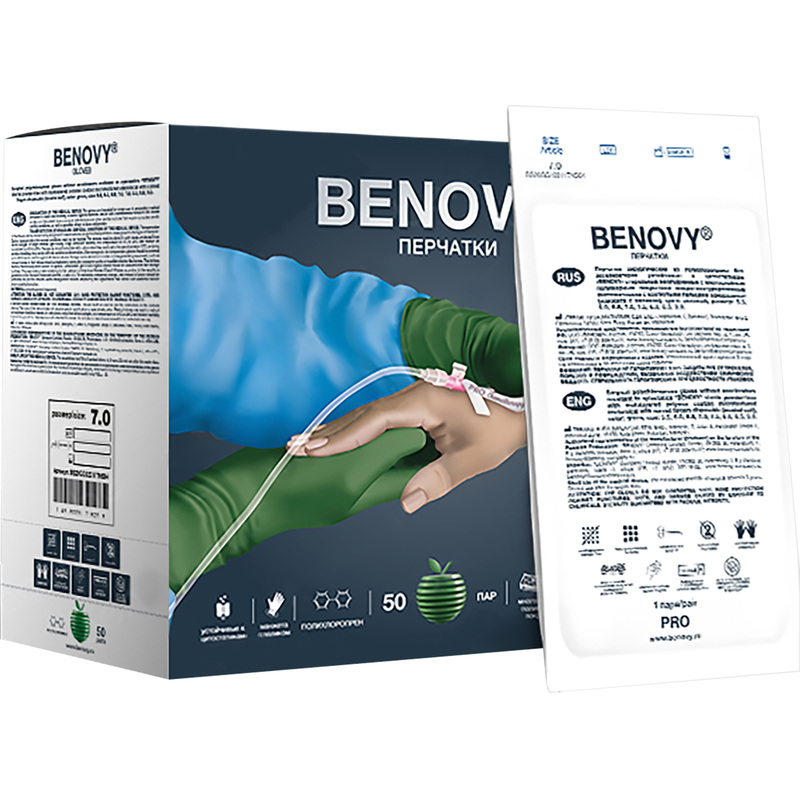 Изображение товара Медицинские хирургические перчатки BENOVY полихлоропреновые стерильные размер 7 зелёные