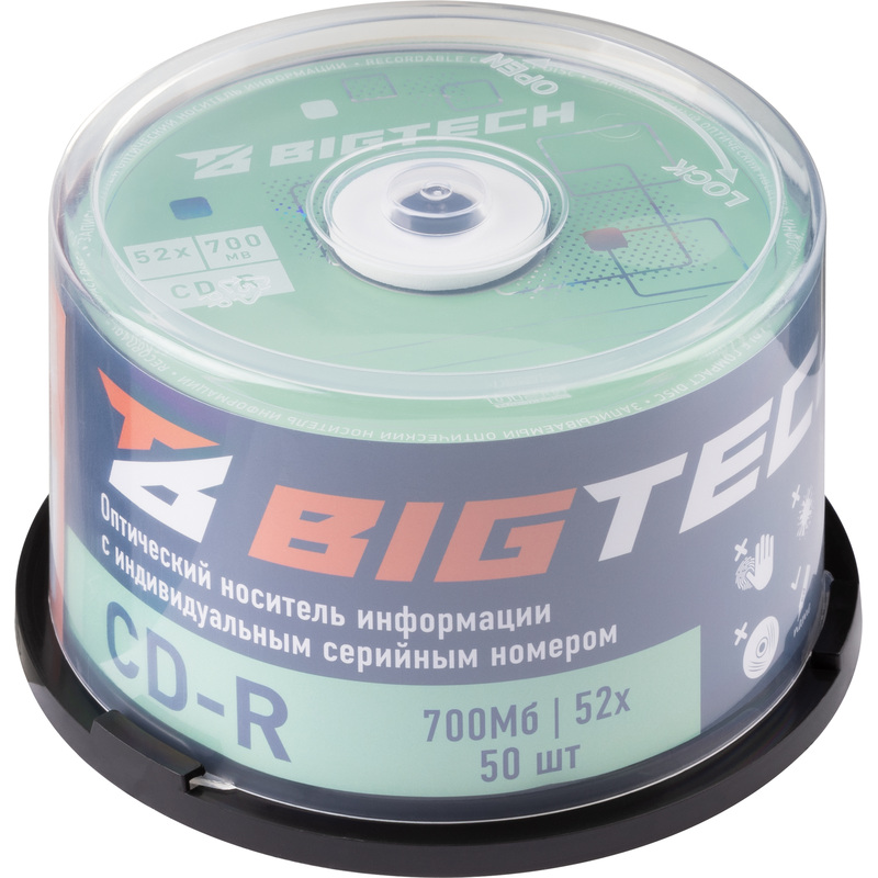 Изображение товара Диск CD-R BigTech 700 МБ 52x cake box 50 штук