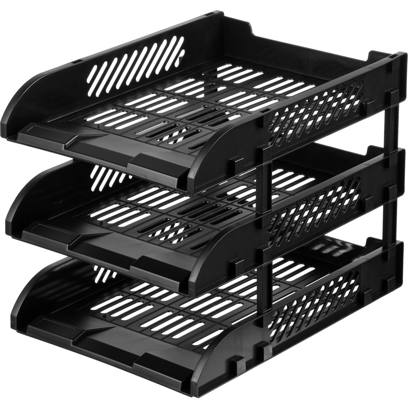 Изображение товара Лоток горизонтальный для бумаг Deli черный 3 отделения в упаковке