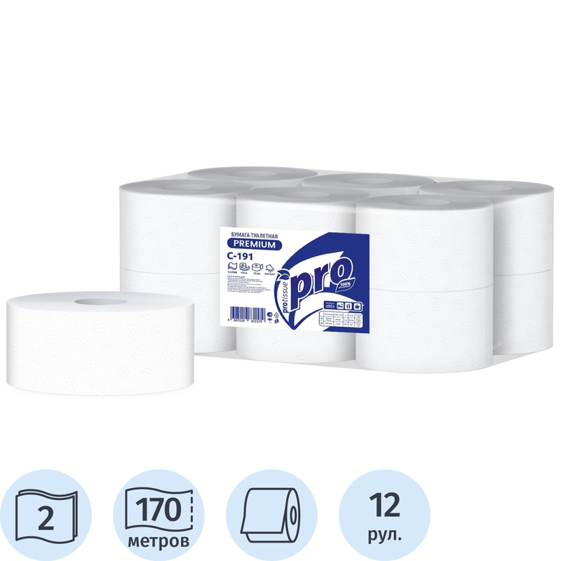 Изображение товара Рулонная туалетная бумага Protissue T2 2-слойная белая 170 м, 12 шт