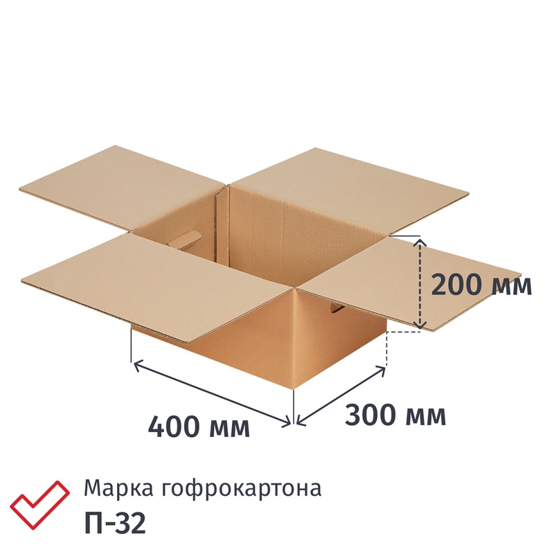 Изображение товара Гофрокороб с ручками 400x300x200 мм П-32 профиль BC бурый (10 штук в упаковке)