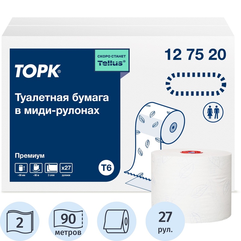 Изображение товара Туалетная бумага Тork Premium T6 2-слойная белая 27 рулонов по 90 м
