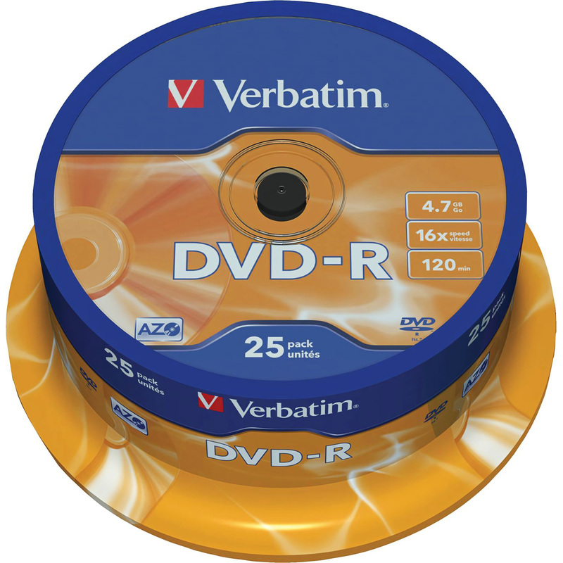 Изображение товара Диск DVD-R Verbatim 4.7 ГБ 16x cake box 43522 (25 штук в упаковке)