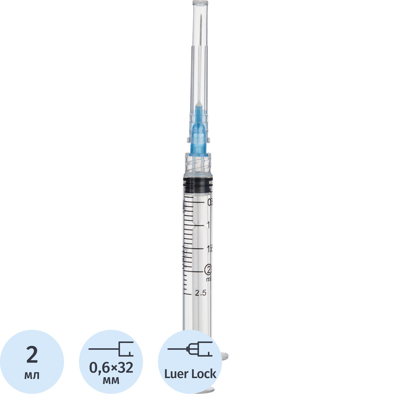 Изображение товара Трёхкомпонентный медицинский шприц Leiko 2 мл 23G 0.6 х 32 мм, упаковка 100 штук