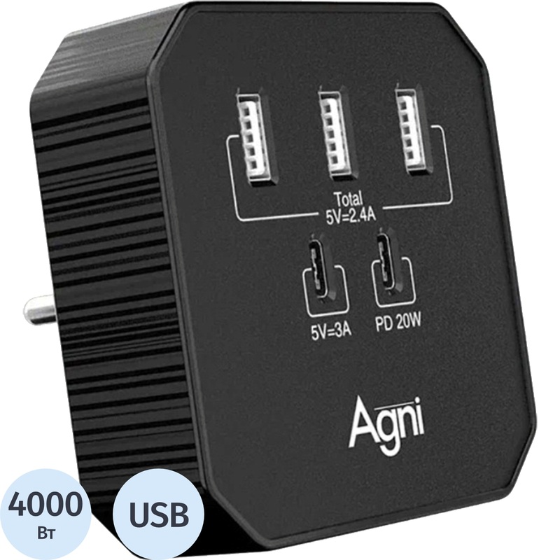 Изображение товара Тройник AGNI TP-WB2U3E-black + USB
