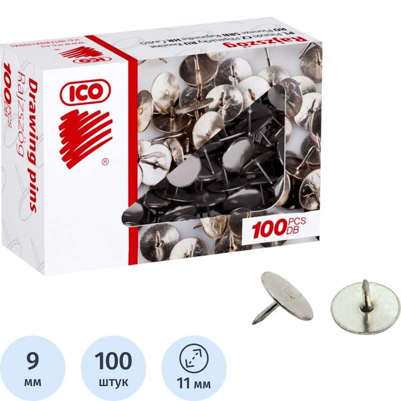 Изображение товара Кнопки канцелярские ICO металлические серебристые (шляпка 11 мм, 100 штук в упаковке)