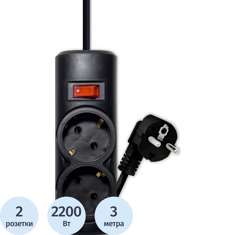 Изображение товара Сетевой фильтр Progix PG236 на 2 розетки 3 метра с заземлением чёрный