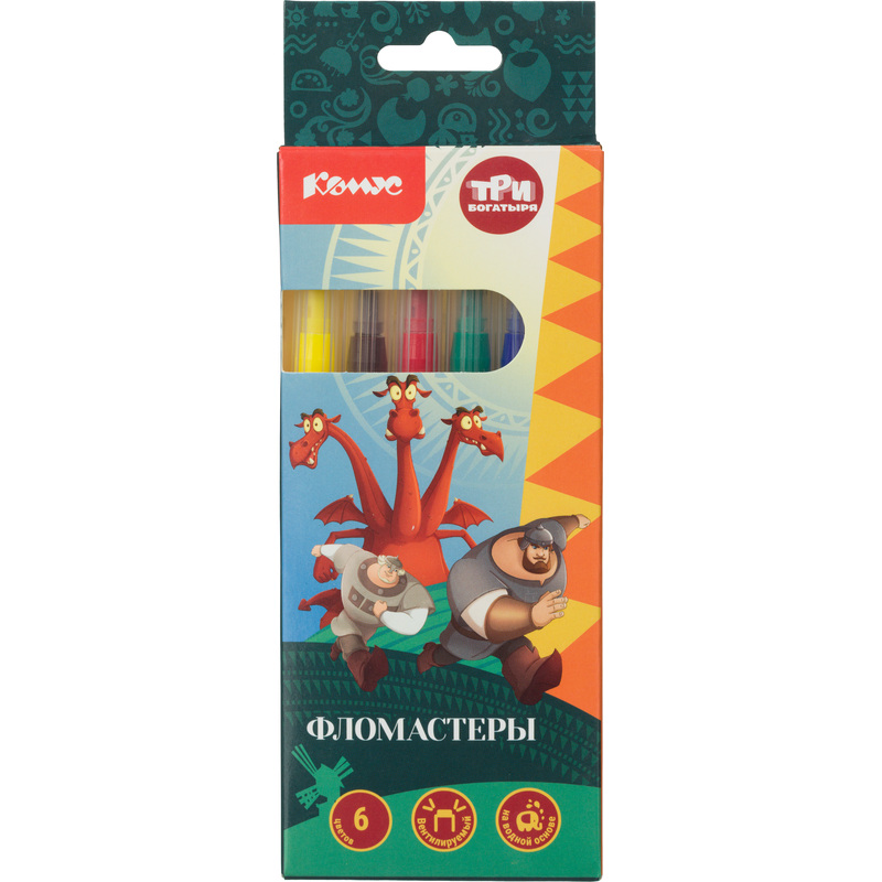 Изображение товара Фломастеры Комус Три Богатыря 6 цветов с вентилируемыми колпачками смываемые