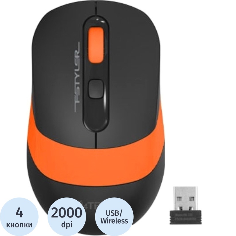 Изображение товара Мышь беспроводная A4Tech Fstyler FG10 черная/оранжевая (FG10)