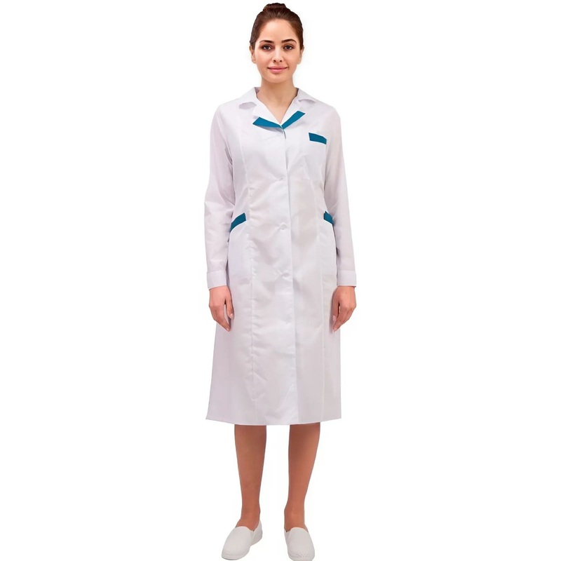 Изображение товара Халат медицинский женский м01-ХЛ белый/бирюзовый, размеры 40-42