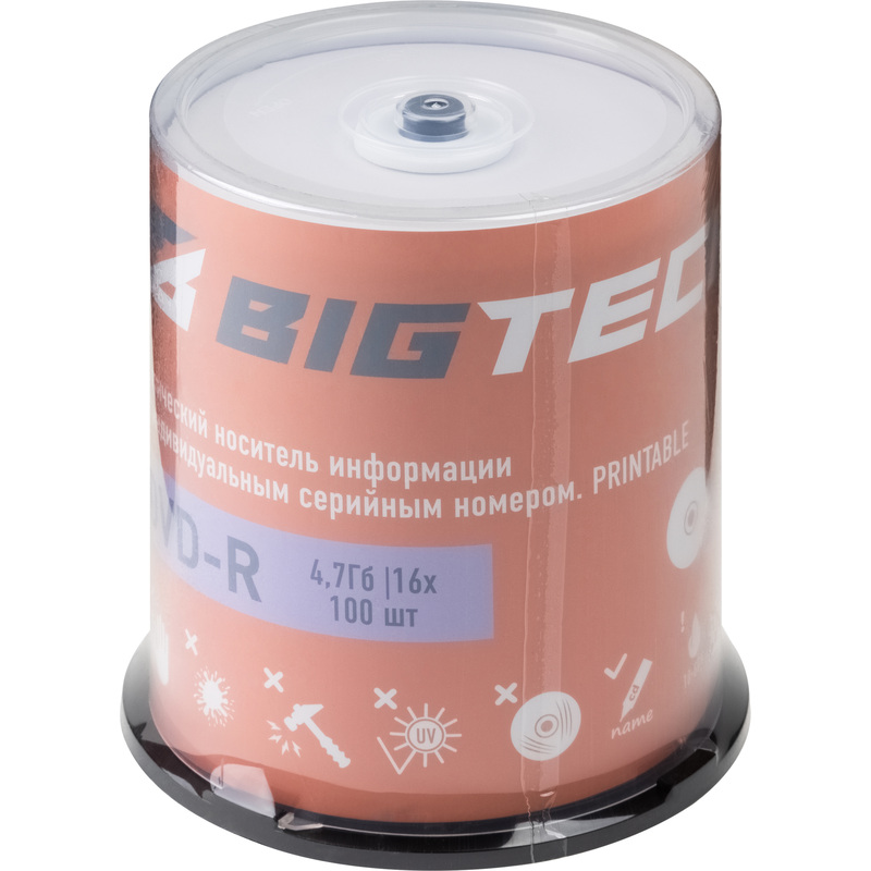 Изображение товара Диск DVD-R BigTech 4.7 ГБ 16x cake box YDVDRP001 (100 штук)