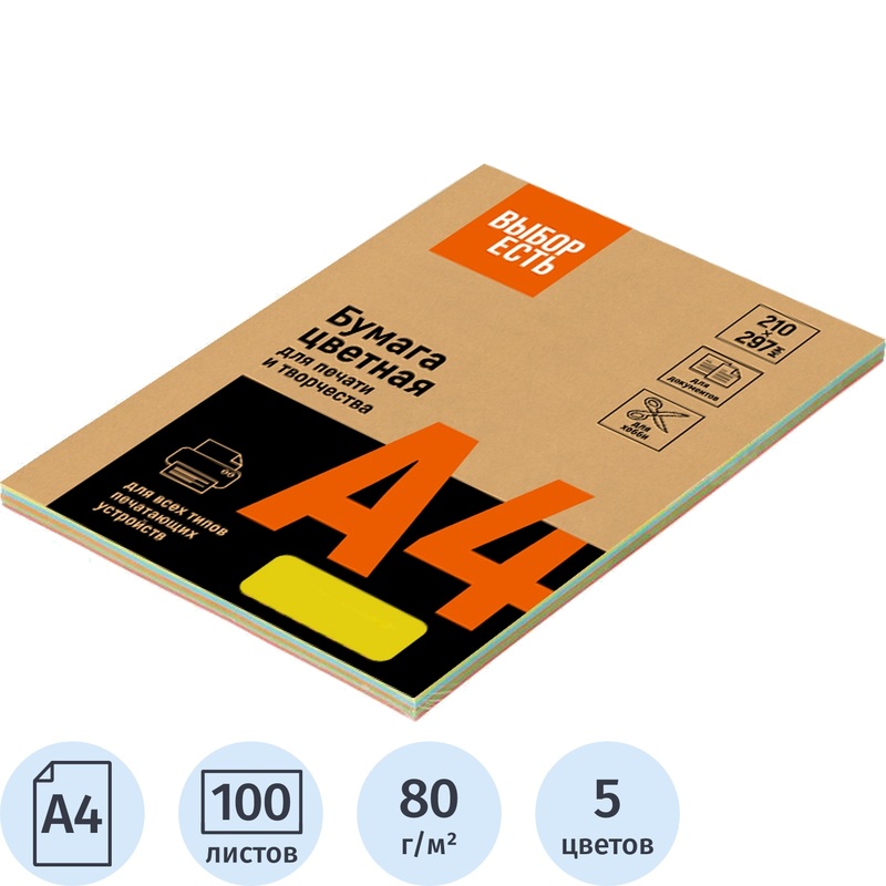 Изображение товара Цветная бумага Выбор есть А4 80 г/кв.м 5 интенсивных цветов 100 листов