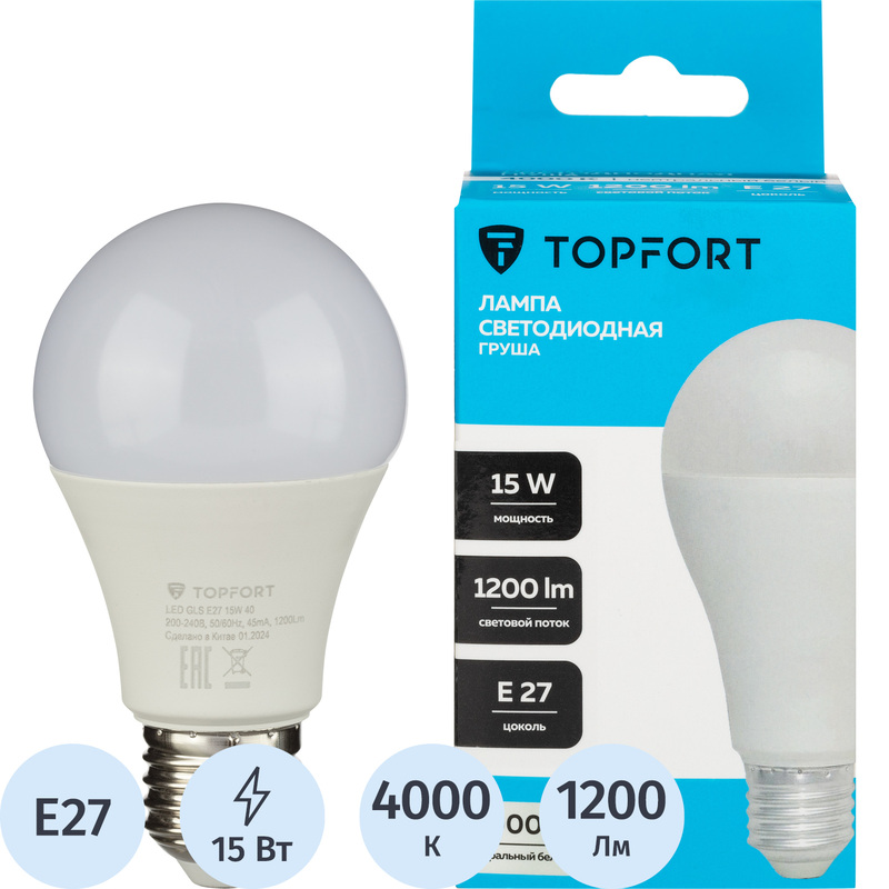 Изображение товара Лампа светодиодная TOPFORT 15 Вт E27 A 4000 К 1200 Лм матовая