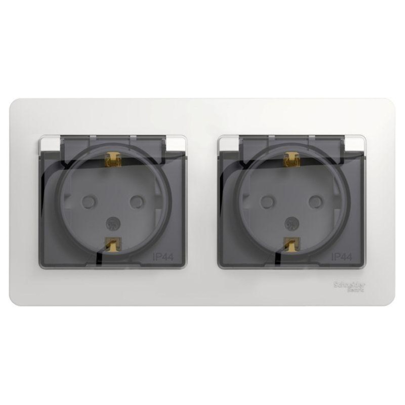 Изображение товара Розетка Schneider Electric Glossa двухместная с заземлением и защитными шторками 16А IP44 белая