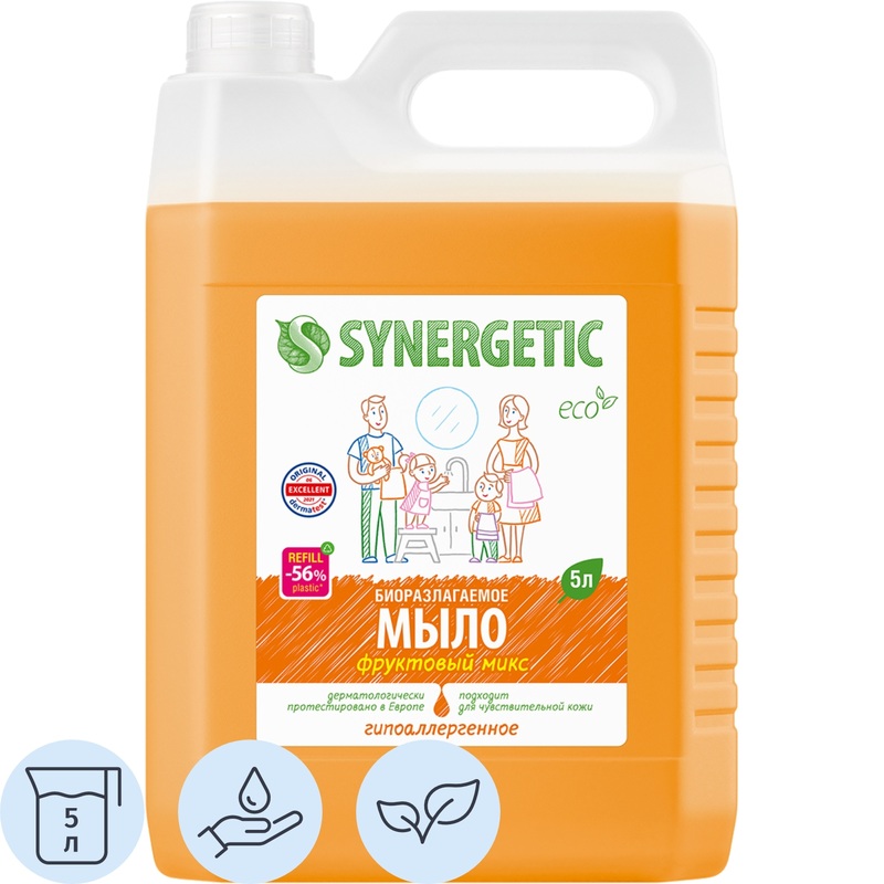 Изображение товара Жидкое мыло Synergetic Фруктовый микс 5000 мл гипоаллергенное антибактериальное для рук и тела