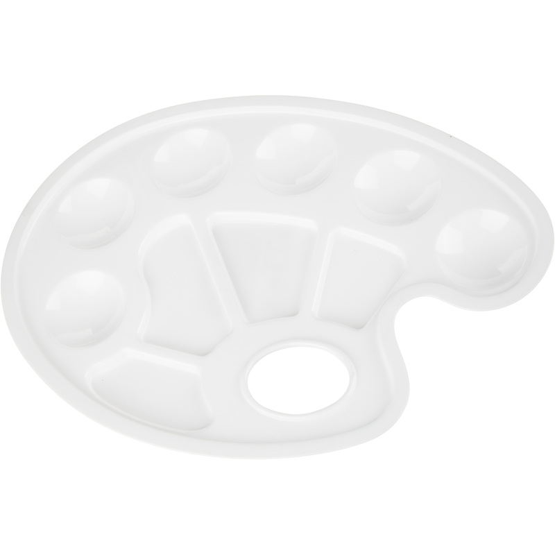 Палитра пластиковая овальная белая (с отделением для большого  пальца, 6 отделений для красок, 4 отделения для смешивания)