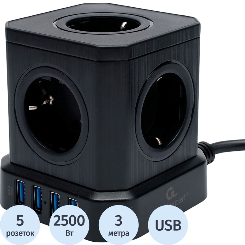 Изображение товара Сетевой фильтр Cablexpert Tower 5 розеток и 4 USB 3м черный