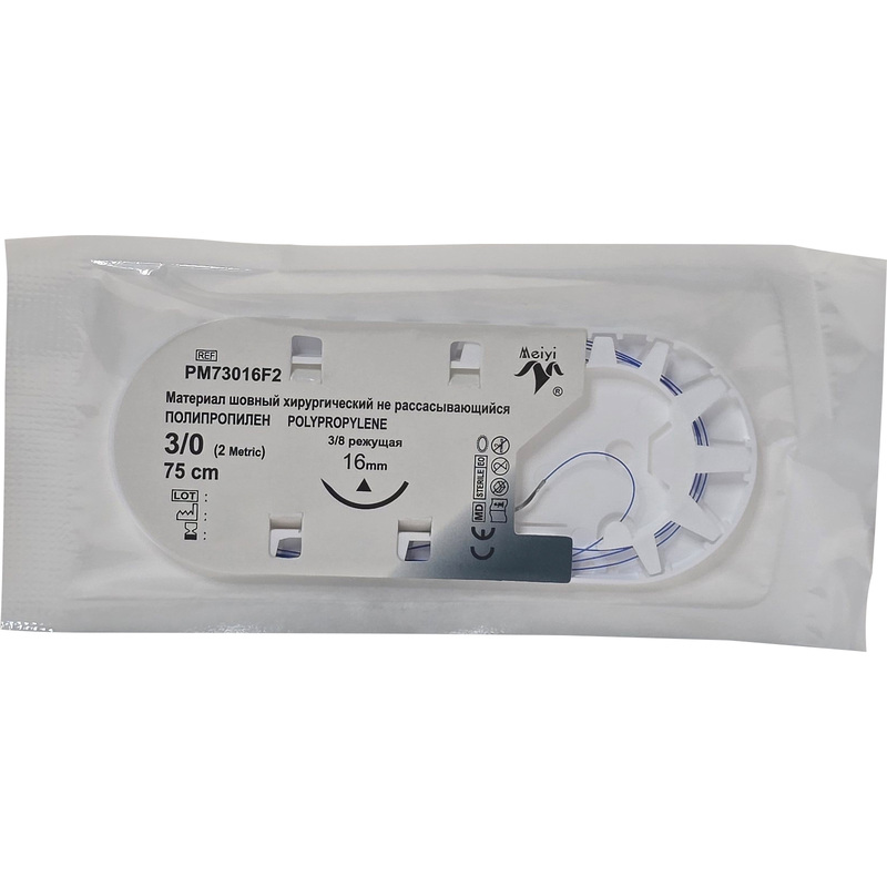Изображение товара Шовный материал хирургический нерассасывающийся Meiyi USP 3/0 75 см режущая игла 16 мм 3/8 (12 штук в упаковке)
