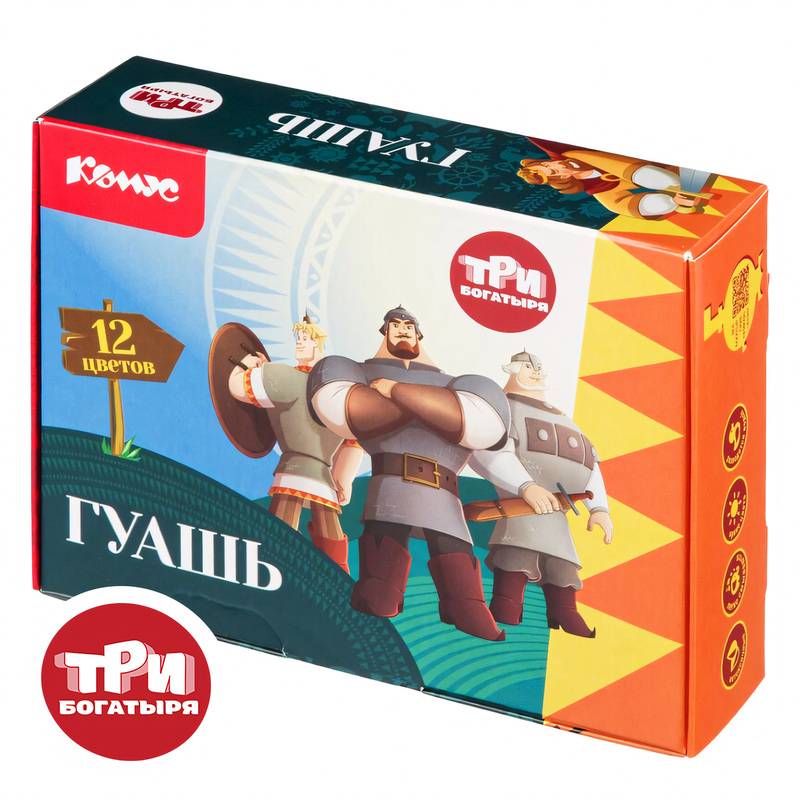 Изображение товара Гуашь Комус Три богатыря 12 цветов по 20 мл для творчества