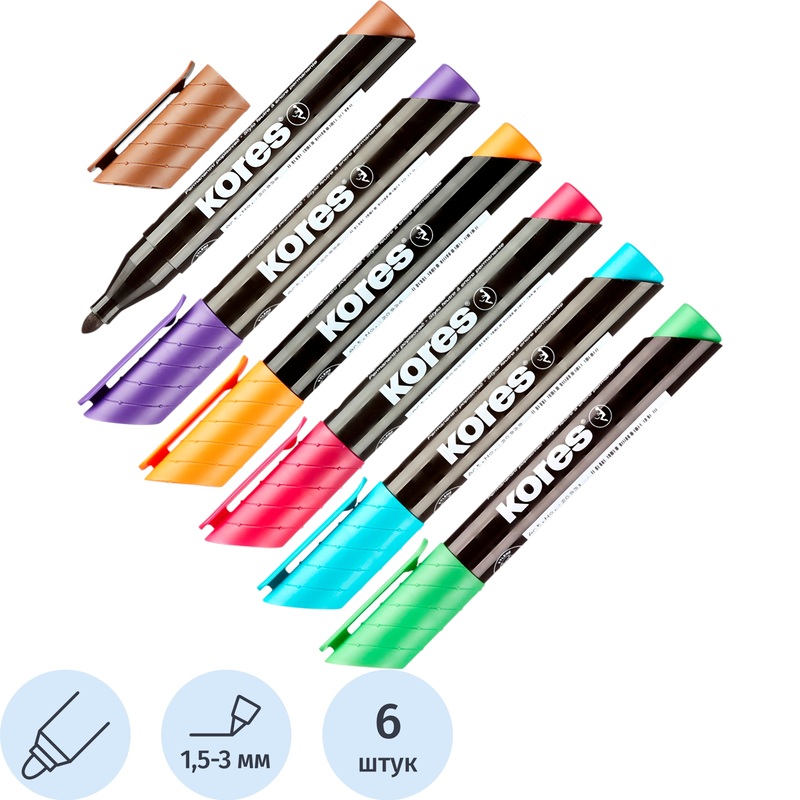 Изображение товара Набор перманентных маркеров Kores 6 цветов толщина линии 1.5-3 мм круглый наконечник