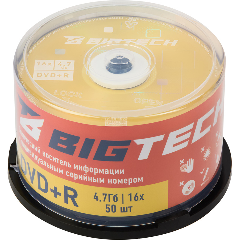 Изображение товара Диск DVD+R BigTech 4.7 ГБ 16x cake box 50 штук