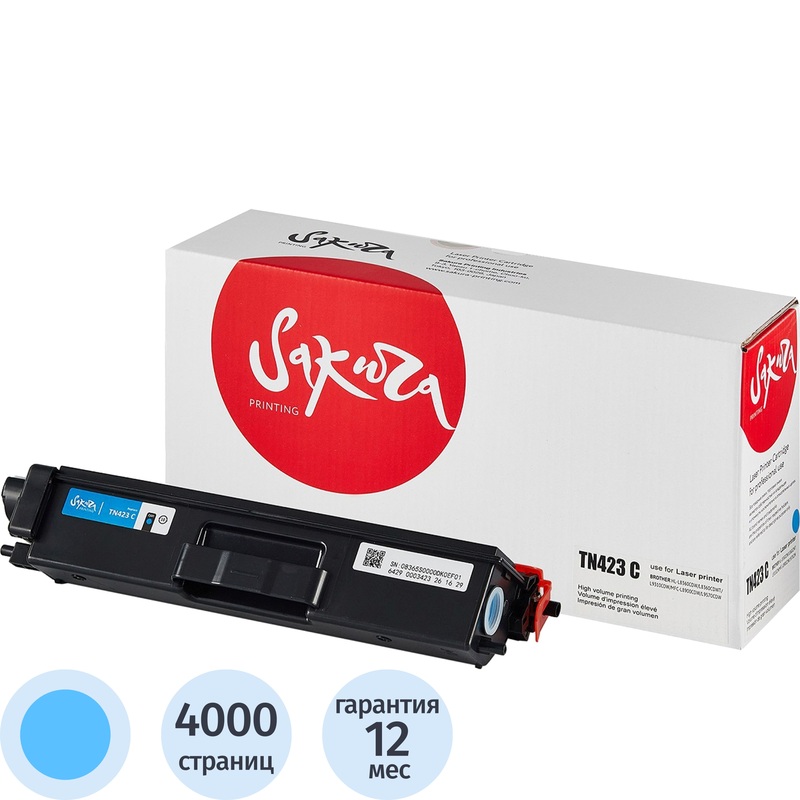 Изображение товара Картридж лазерный Sakura TN-423C SATN423C для Brother голубой совместимый